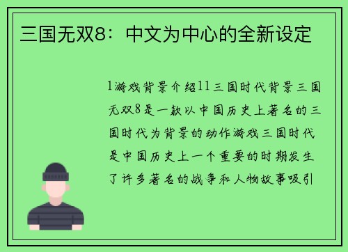 三国无双8:中文为中心的全新设定